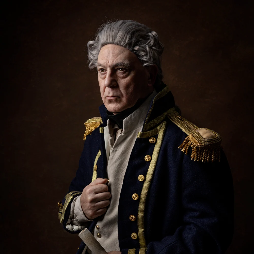 Period character portrait against a warm brown hand-painted backdrop